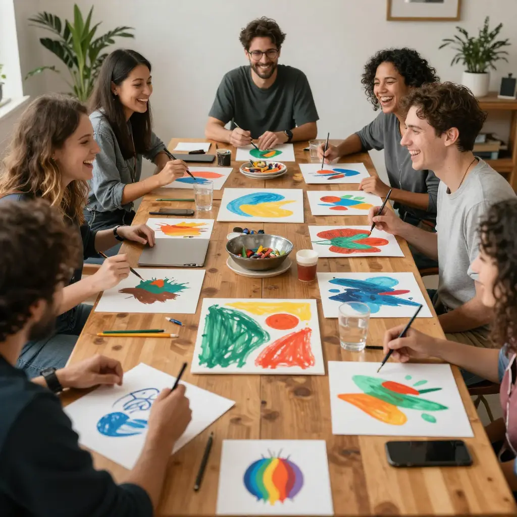 Collaborative art jam session with colorful paintings