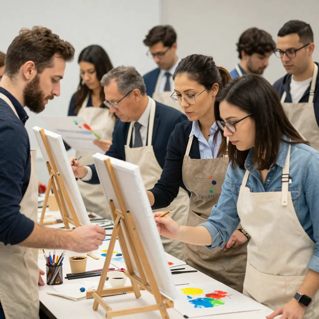 Artists collaborating on canvas painting
