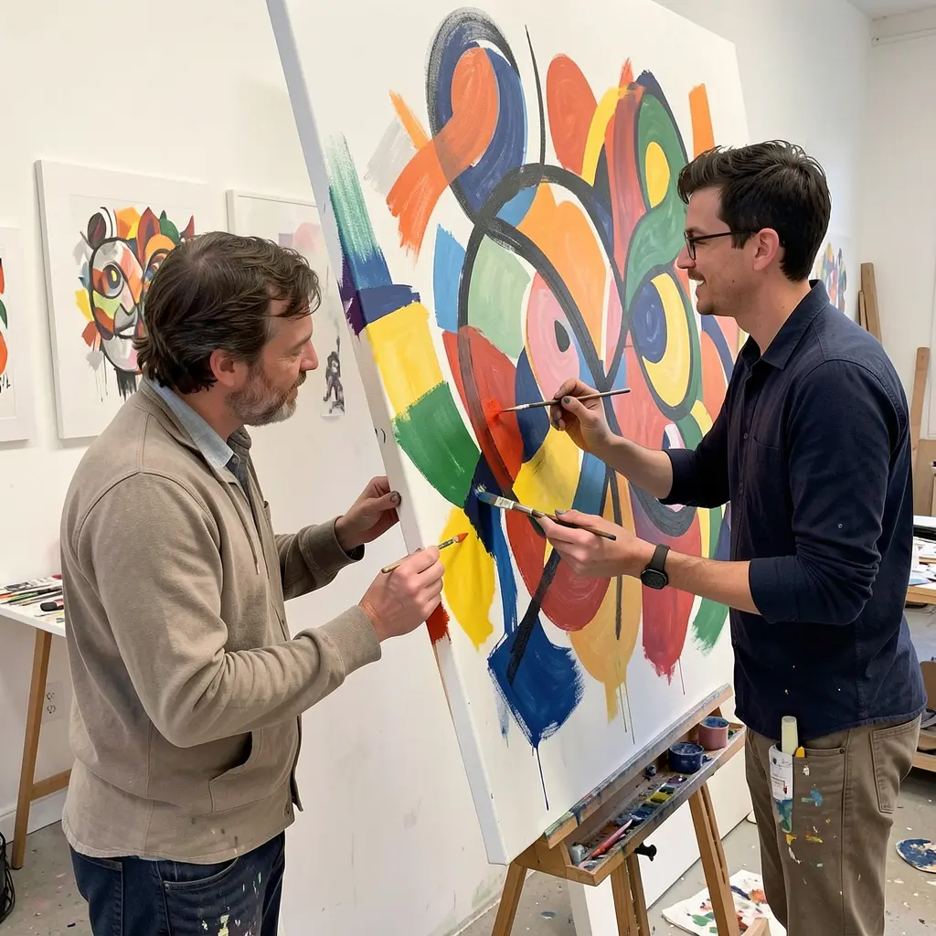 Corporate team engaged in collaborative painting activity